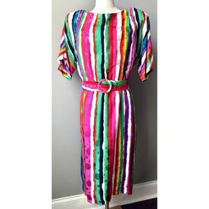 Vintage Anne Crimmins for Umi Collections Silk Belt Dress Size 12 Rainbow Stripe